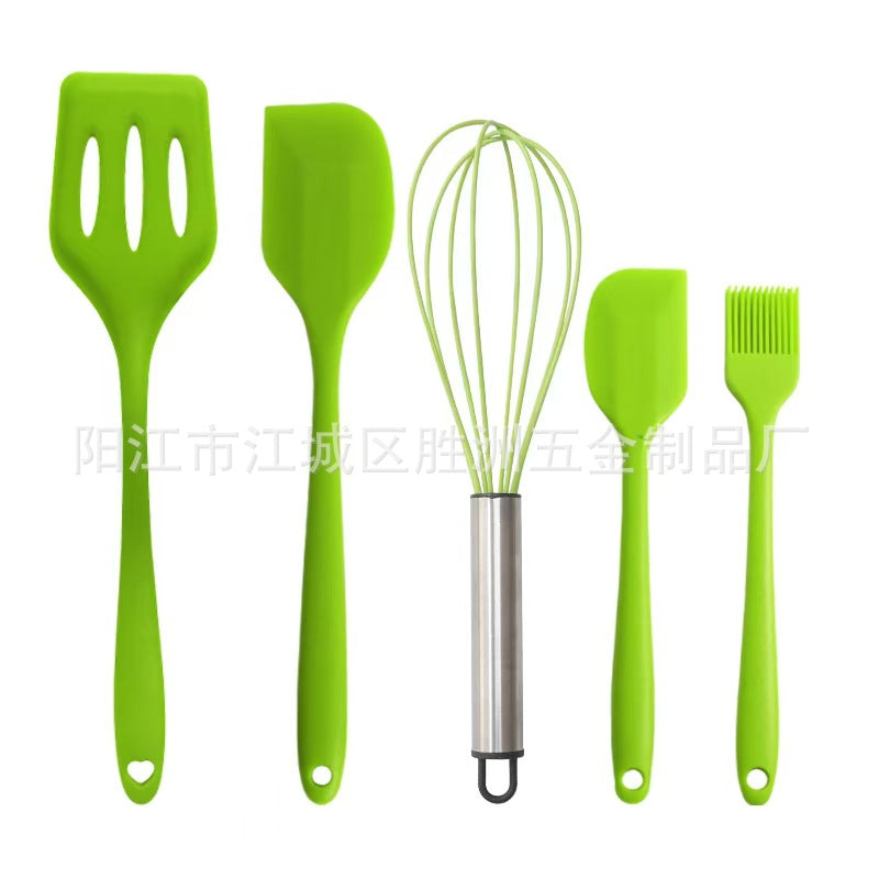 Cross-Border Kitchen Silicone Spatula Brush Egg Beater Silicone Kitchen Utensils 5-Piece Set Cooking Set Baking Tools