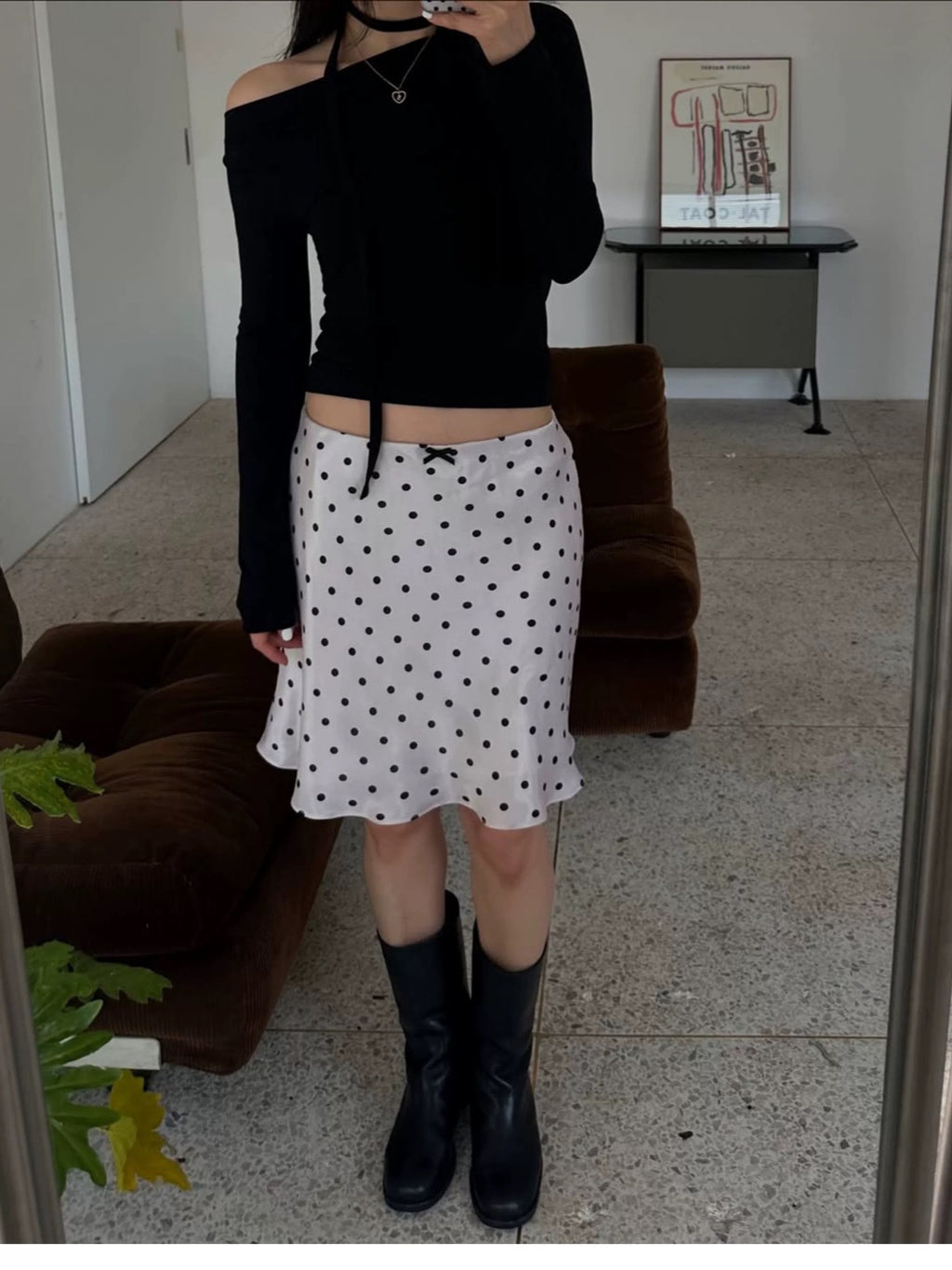 Miu Series Triacetate Polka Dot Skirt Korean Style Satin Polka Dot Elastic Waist Bias-Cut A-Line Skirt Women's Fishtail Skirt