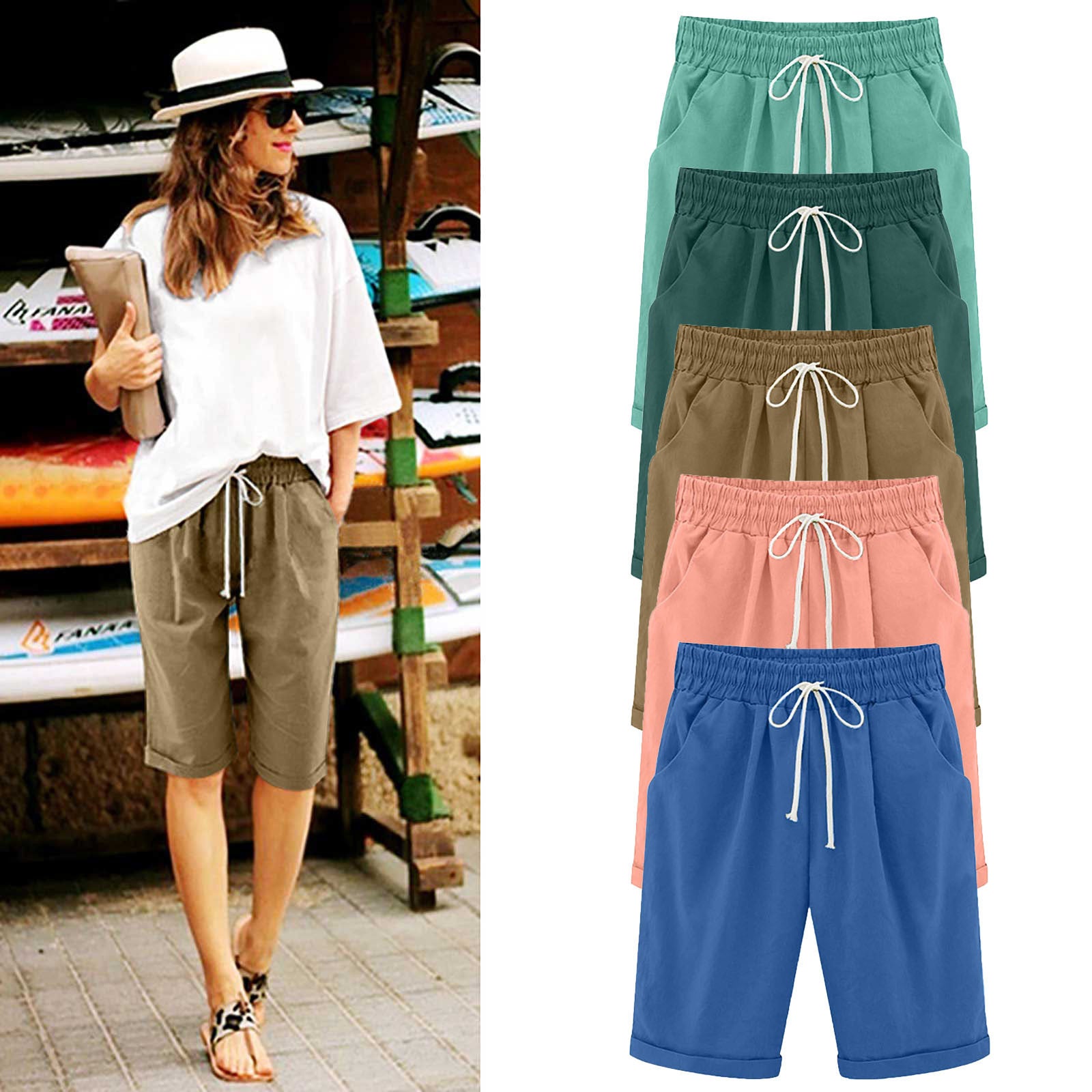 Cross-border European and American women's clothing Amazon independent station women's cotton and linen solid color pocket tether cropped pants casual pants in stock