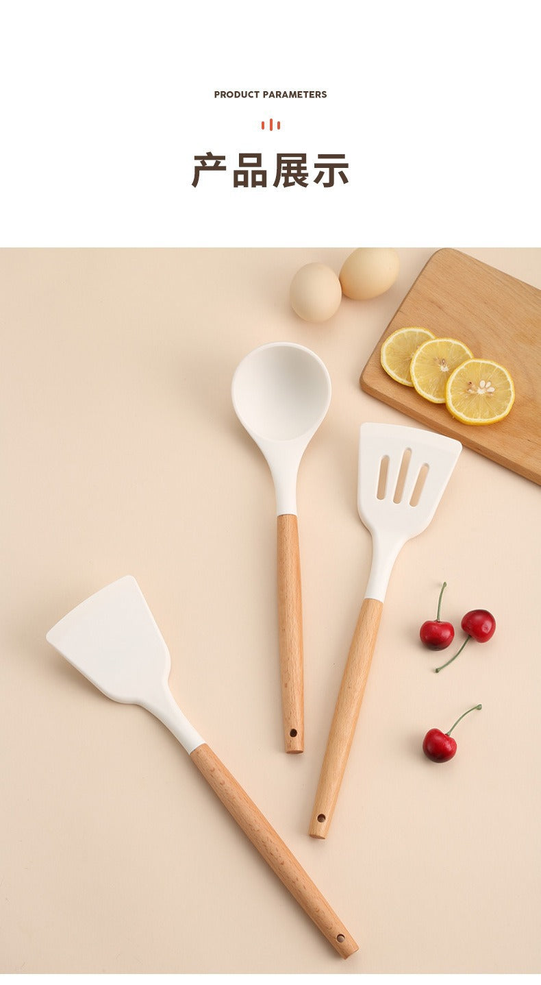 Wooden Handle Silicone Kitchen Utensils Household High Temperature Resistant Spatula Soup Spoon Non-Stick Pan Special Cooking Spatula Spatula Set