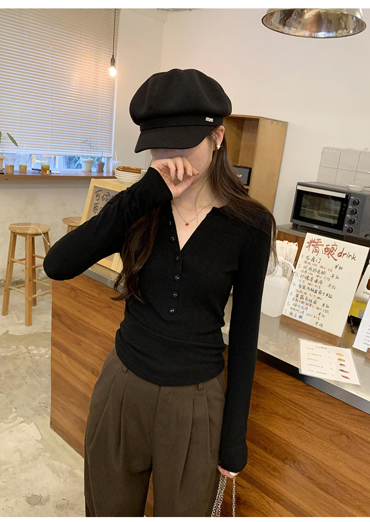 European in stock Korean Style Lazy Relaxation Inner Base T-shirt Women's Early Autumn New Style Elegant Slim-fit Half-open Collar