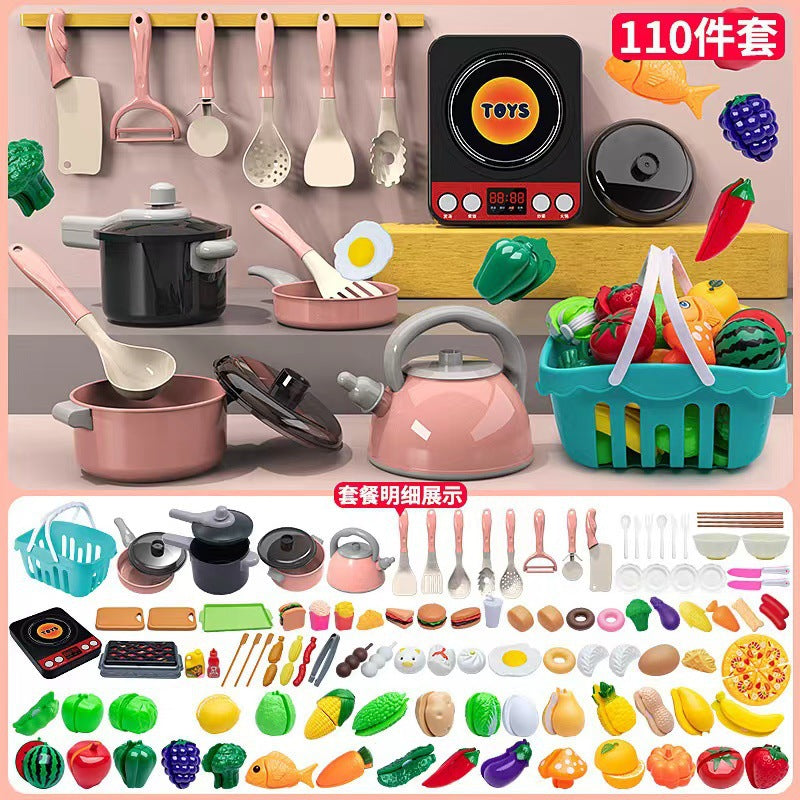 Cross-border simulation kitchenette cooking kitchenware suit fruit cutting music girls play house toys induction cooker cooking