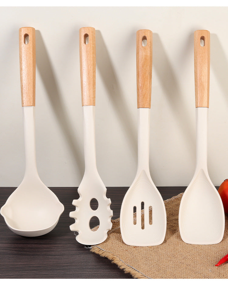 Wooden Handle Silicone Kitchen Utensil Set, Non-Stick Pan, Silicone Spatula, Soup Spoon, High Temperature Resistant Silicone Cooking Spatula, Daily Kitchen Utensils