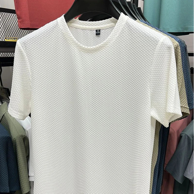 Men's Short Sleeve Mesh Bamboo Ice Silk T-shirt Casual Versatile Summer Elastic Slimming Top for Men