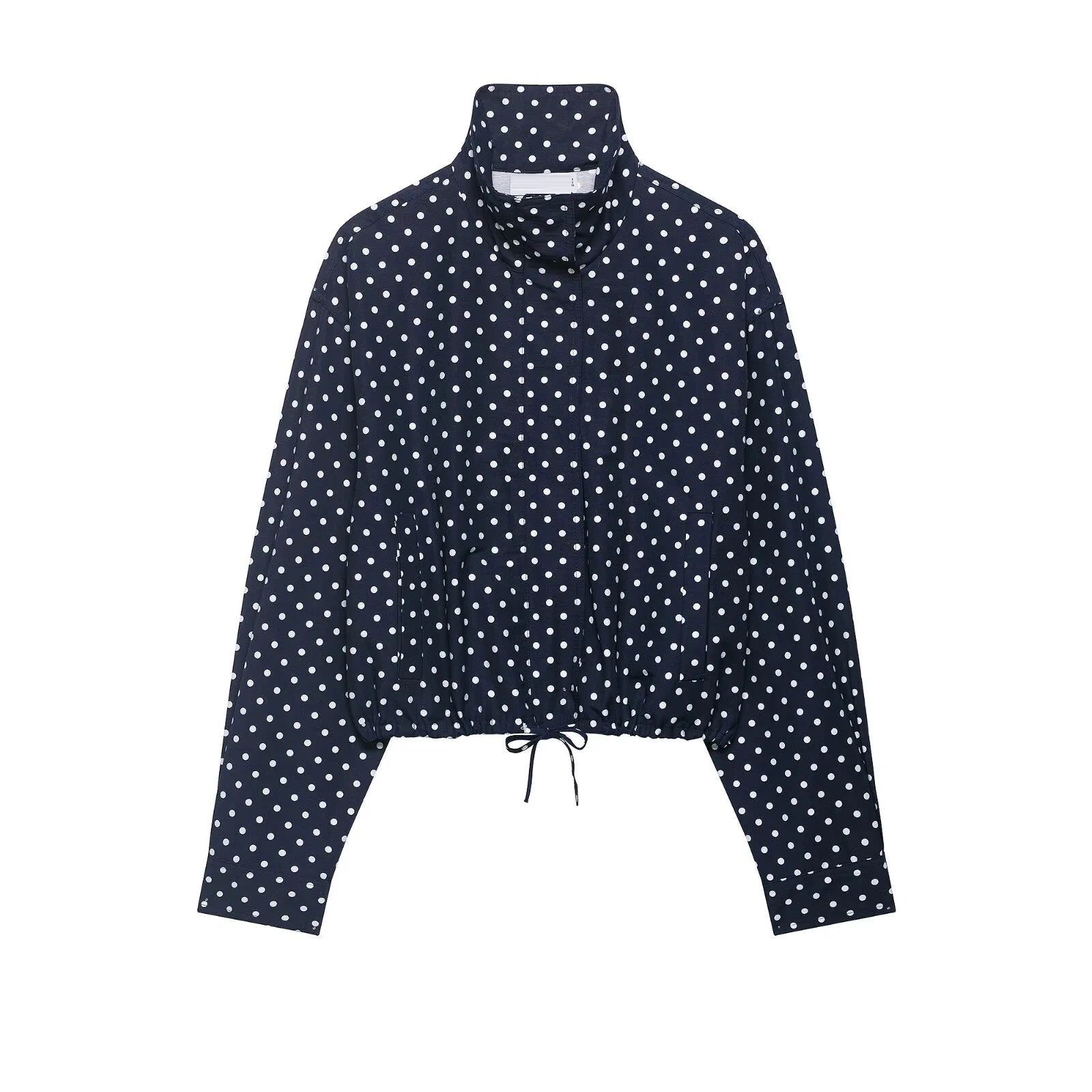 HH Fashion Women's Polka Dot Print Short Coats Autumn Long Sleeves Turtleneck Zipper With Pockets Drawstring Casual Jacket