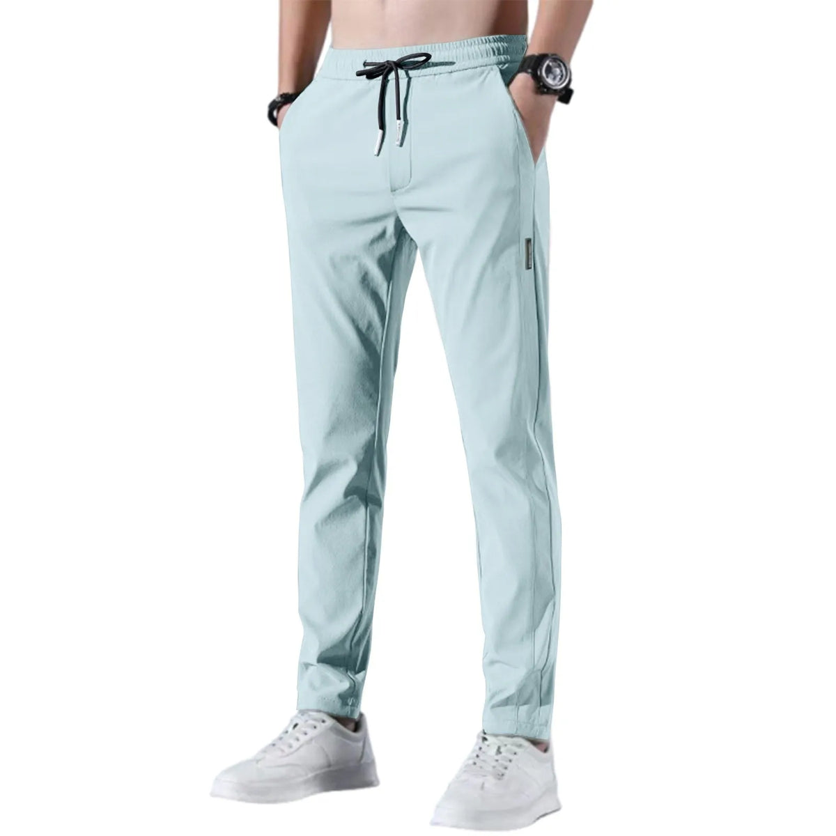 Men Fast Dry Stretch Pants Ice Silk Trousers Solid Color Mid-Waist Loose Breathable Straight-Leg Casual Pants Thin Sports Pants