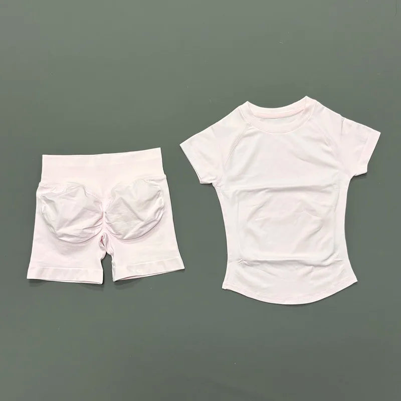 2 Pcs HISTELLO Sports Gym Sets Short Sleeve Seamless Yoga Clothing Fitness Set Women Workout Running Sports Short Leggings Suit
