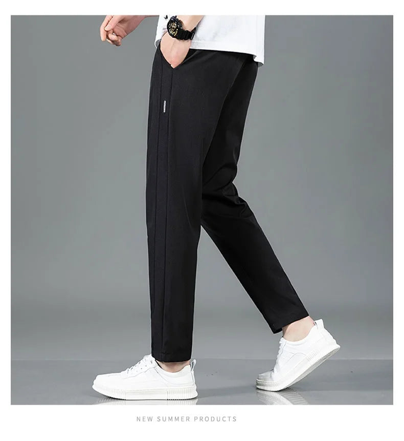 Ice Silk Men's Pants 2025 Summer New Black Gray Thin Business Casual Pants Outdoor Elastic Breathable Straight Leg Sweatpants