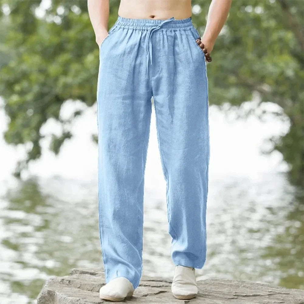 2025 summer men's cotton and linen oversized wide leg pants, men's artistic style elastic waist solid color casual loose pants