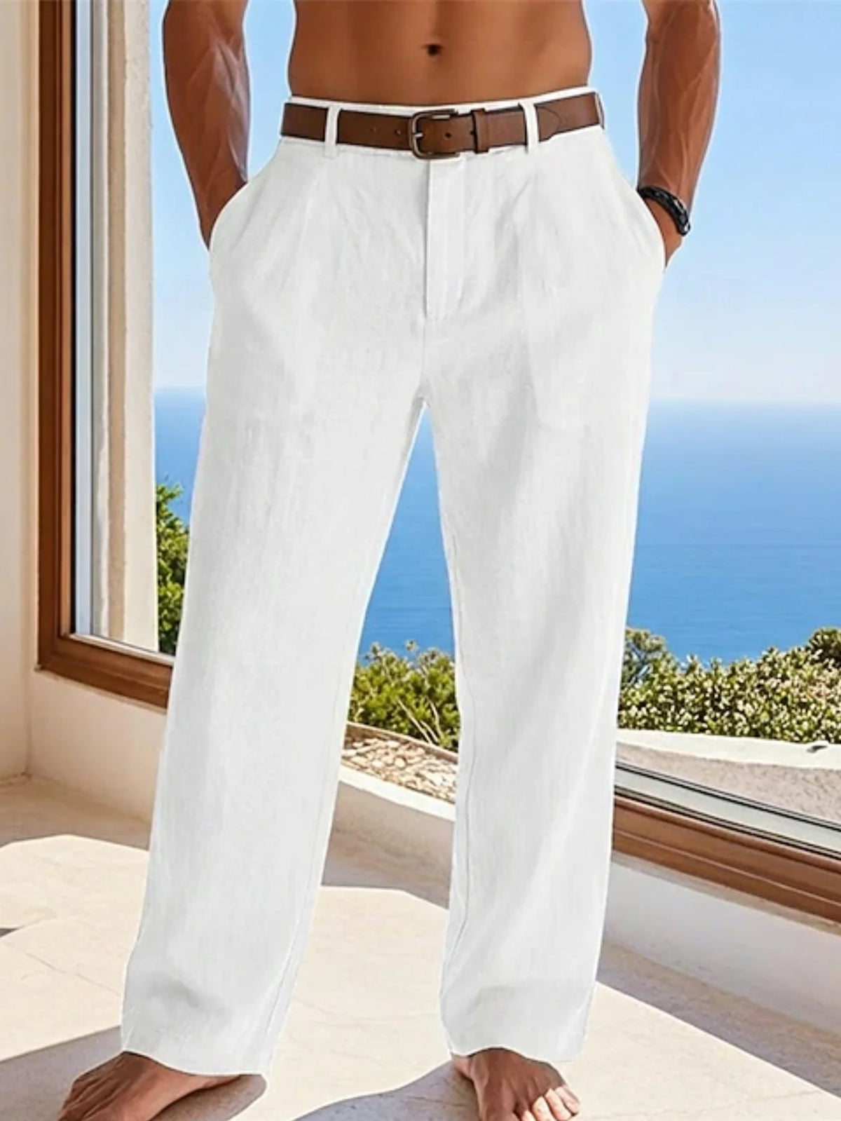 2025 summer men's cotton and linen oversized wide leg pants, men's artistic style elastic waist solid color casual loose pants