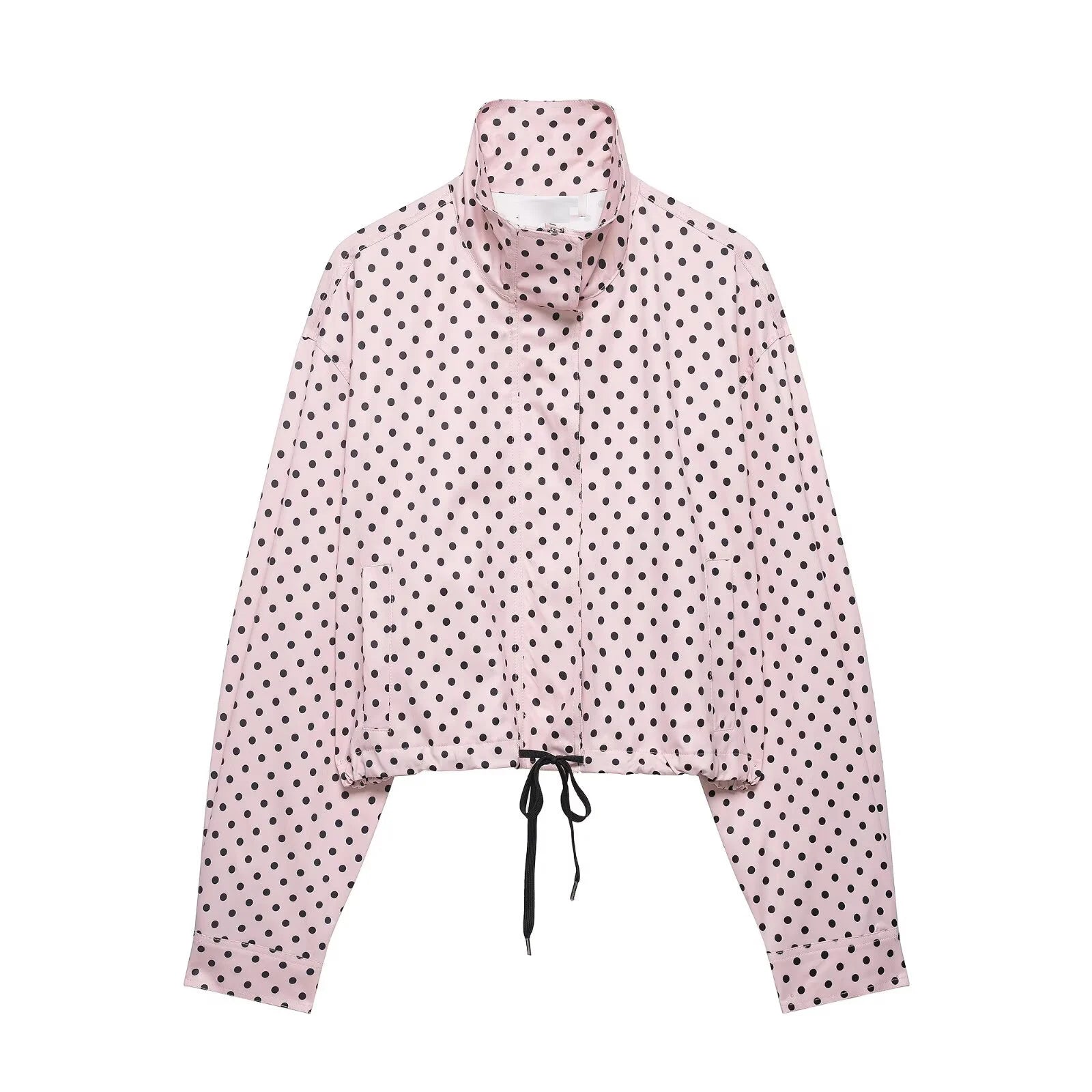 HH Fashion Women's Polka Dot Print Short Coats Autumn Long Sleeves Turtleneck Zipper With Pockets Drawstring Casual Jacket