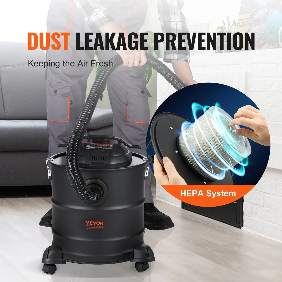 1200W Powerful 5 Gallon Ash Vacuum Cleaner D0100HRSLJ2 Model 16.4 ft Power Cable 16 Kpa Reverse Suction Fireplaces Industrial