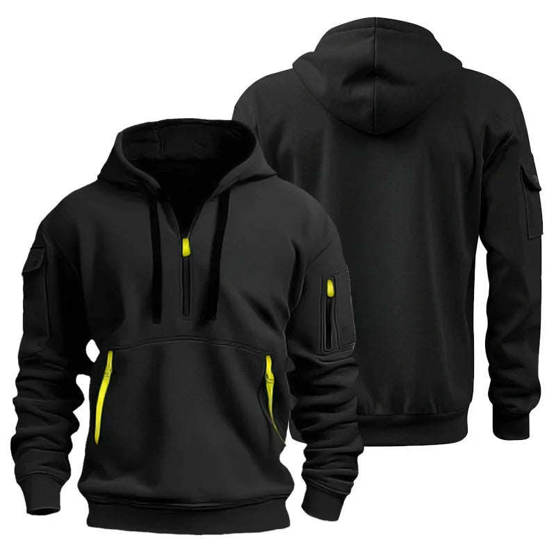 Men's Casual Sports Hoodie Spring Autumn Fashion Solid Color Long-Sleeved Pullover with Arm Pocket And Pull Rope plus Size