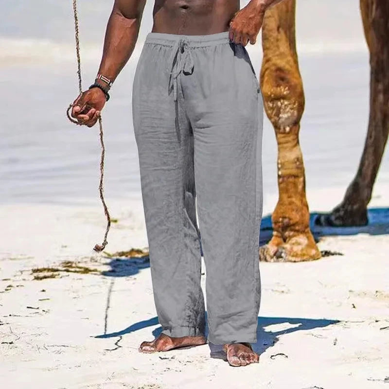 2025 summer men's cotton and linen oversized wide leg pants, men's artistic style elastic waist solid color casual loose pants