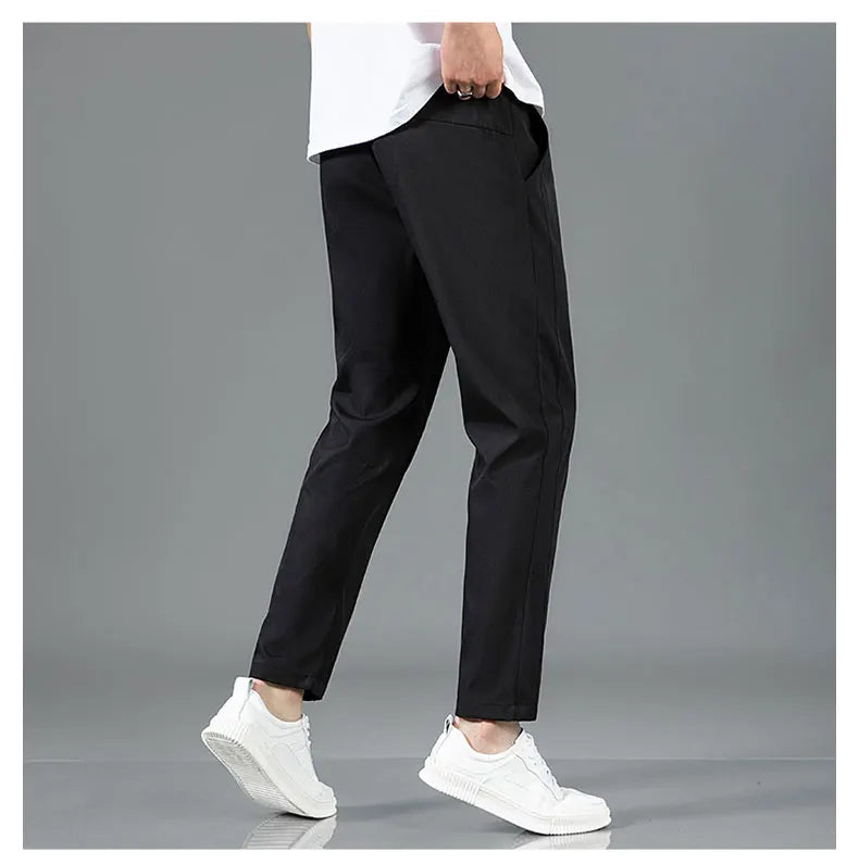 Ice Silk Men's Pants 2025 Summer New Black Gray Thin Business Casual Pants Outdoor Elastic Breathable Straight Leg Sweatpants