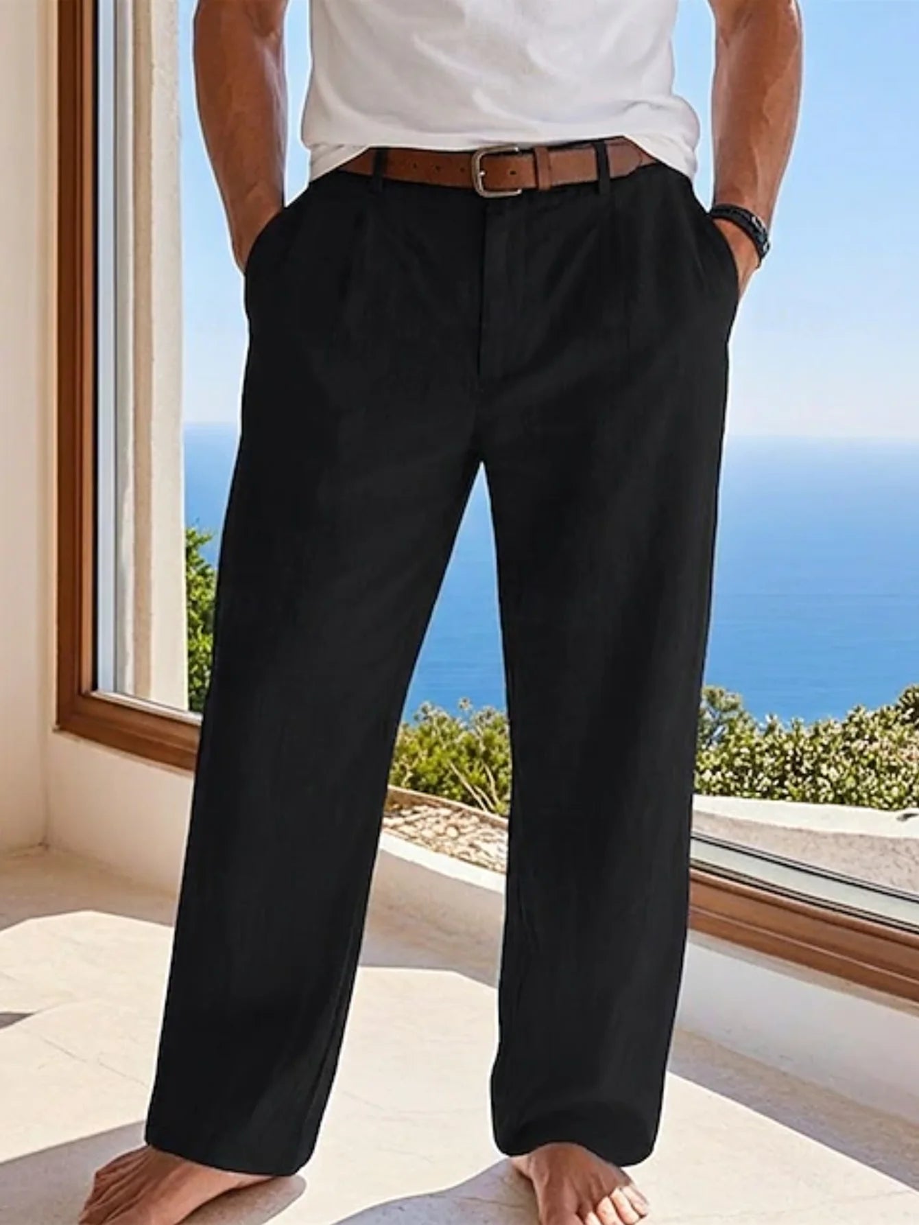 2025 summer men's cotton and linen oversized wide leg pants, men's artistic style elastic waist solid color casual loose pants