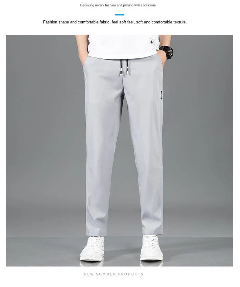 Ice Silk Men's Pants 2025 Summer New Black Gray Thin Business Casual Pants Outdoor Elastic Breathable Straight Leg Sweatpants