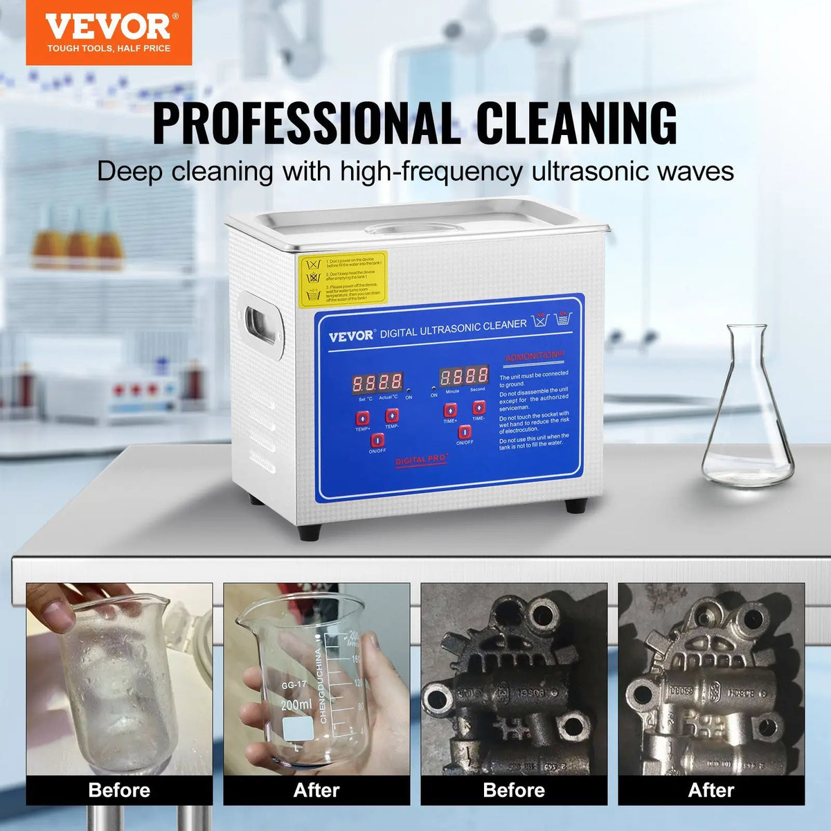 For Electric Digital 40kHz Ultrasonic Cleaner 80W 3L Stainless Steel Heated Jewelry Glasses with Timer Household Use