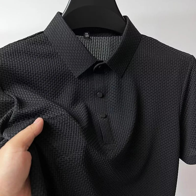 New Men's Business Casual Short Sleeved Bone Flower Solid Color POLO Shirt Fashion Breathable Comfortable Summer Versatile Top