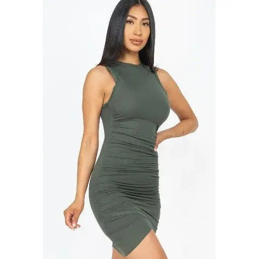 Sleeveless Shirred Bodycon Mini Dress Casual Stretch Knit in Mustard White Coral
