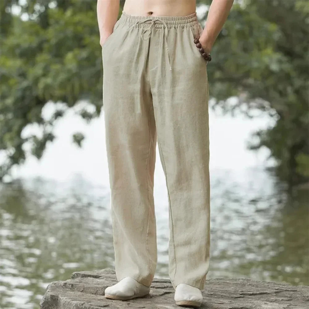 2025 summer men's cotton and linen oversized wide leg pants, men's artistic style elastic waist solid color casual loose pants