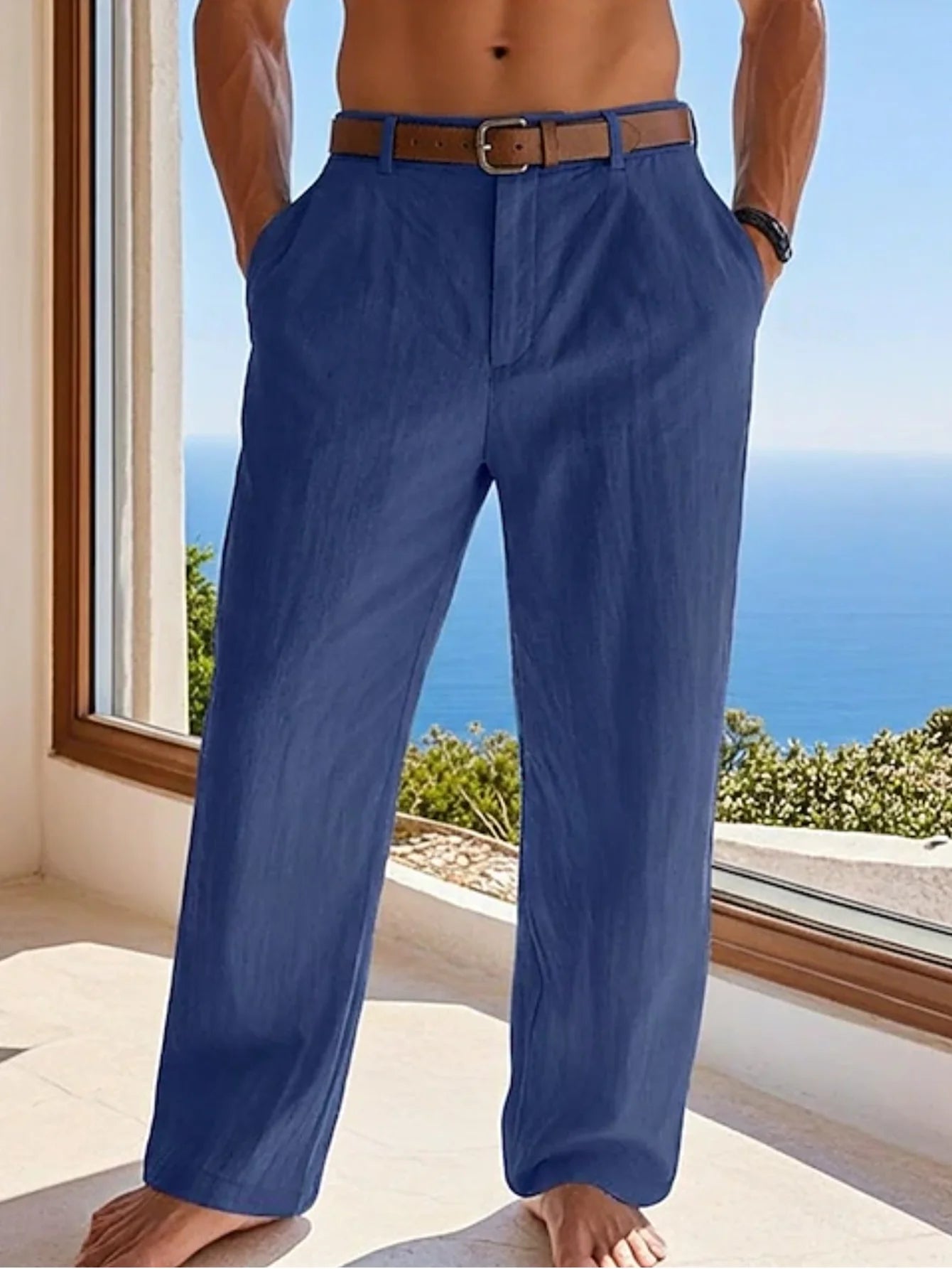 2025 summer men's cotton and linen oversized wide leg pants, men's artistic style elastic waist solid color casual loose pants