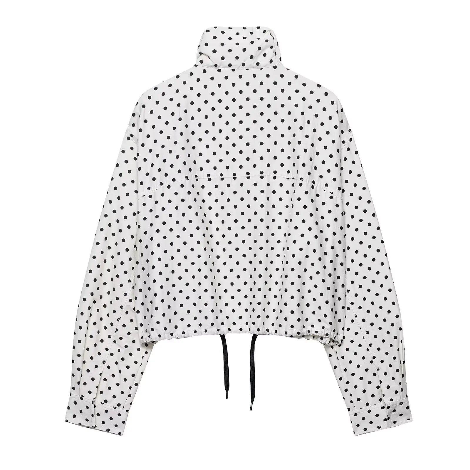 HH Fashion Women's Polka Dot Print Short Coats Autumn Long Sleeves Turtleneck Zipper With Pockets Drawstring Casual Jacket