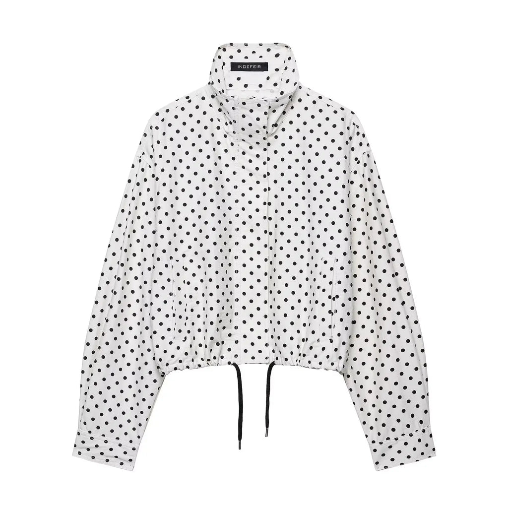 HH Fashion Women's Polka Dot Print Short Coats Autumn Long Sleeves Turtleneck Zipper With Pockets Drawstring Casual Jacket