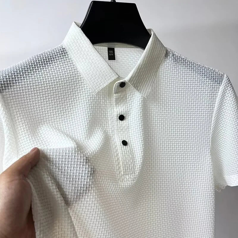 New Men's Business Casual Short Sleeved Bone Flower Solid Color POLO Shirt Fashion Breathable Comfortable Summer Versatile Top