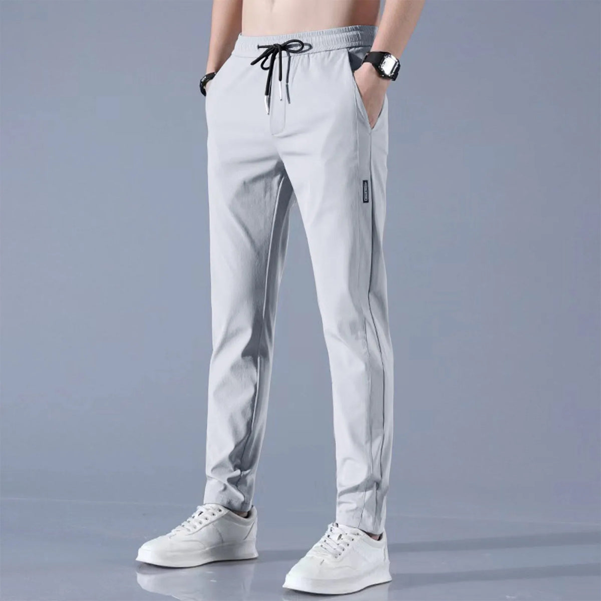 Men Fast Dry Stretch Pants Ice Silk Trousers Solid Color Mid-Waist Loose Breathable Straight-Leg Casual Pants Thin Sports Pants