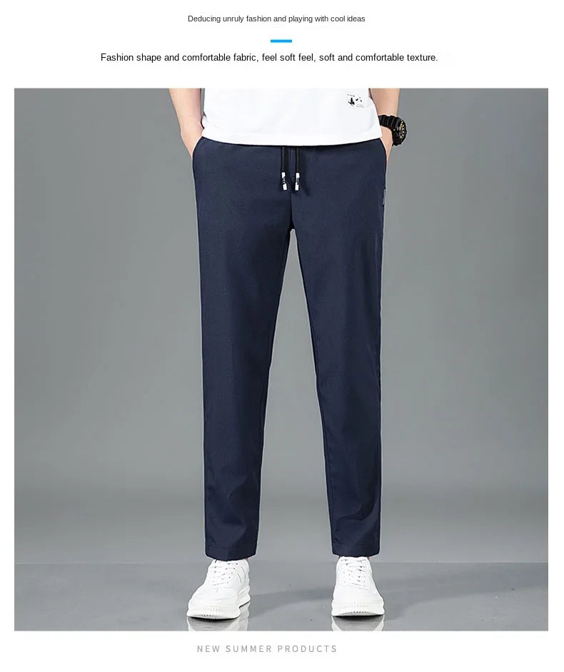 Ice Silk Men's Pants 2025 Summer New Black Gray Thin Business Casual Pants Outdoor Elastic Breathable Straight Leg Sweatpants