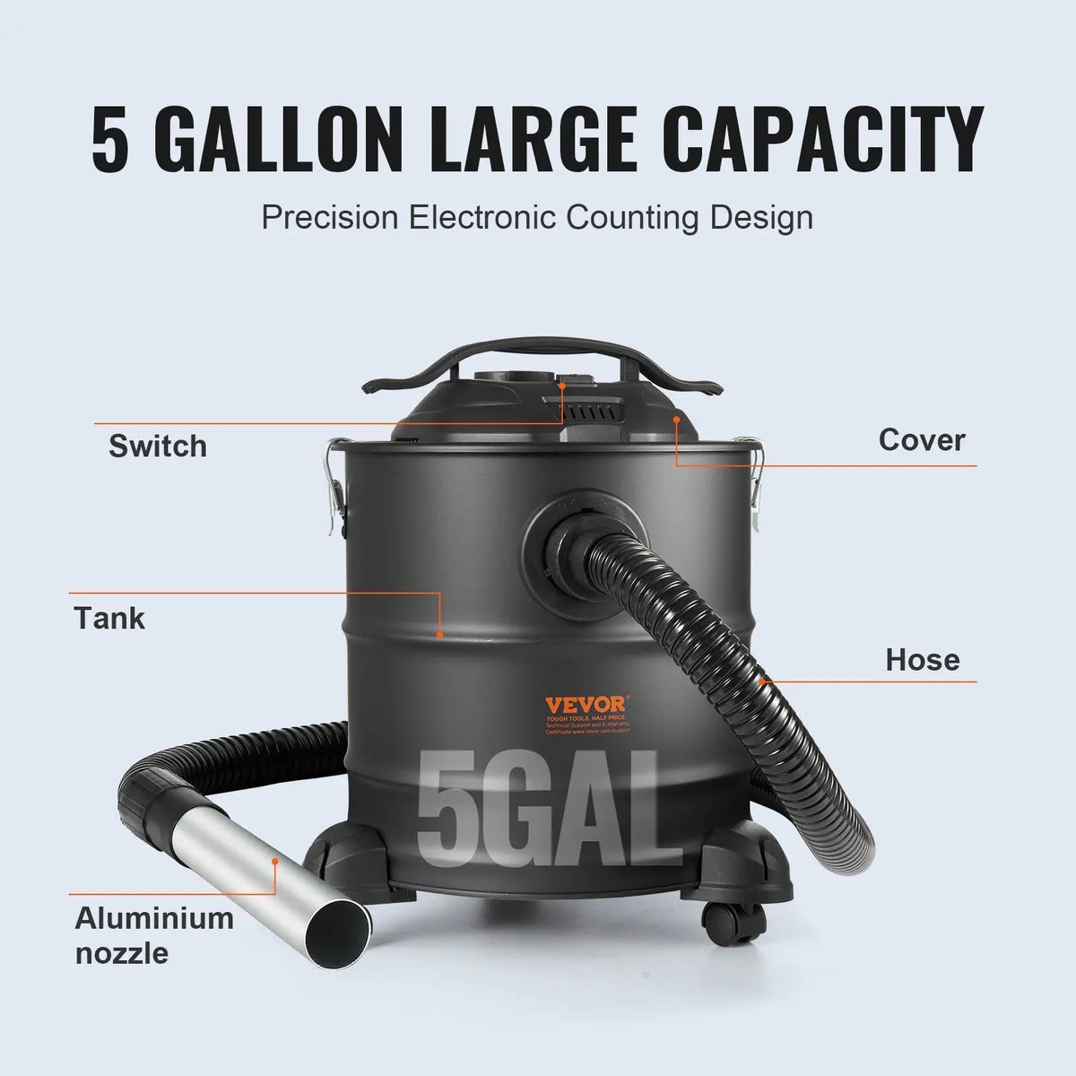 1200W Powerful 5 Gallon Ash Vacuum Cleaner D0100HRSLJ2 Model 16.4 ft Power Cable 16 Kpa Reverse Suction Fireplaces Industrial