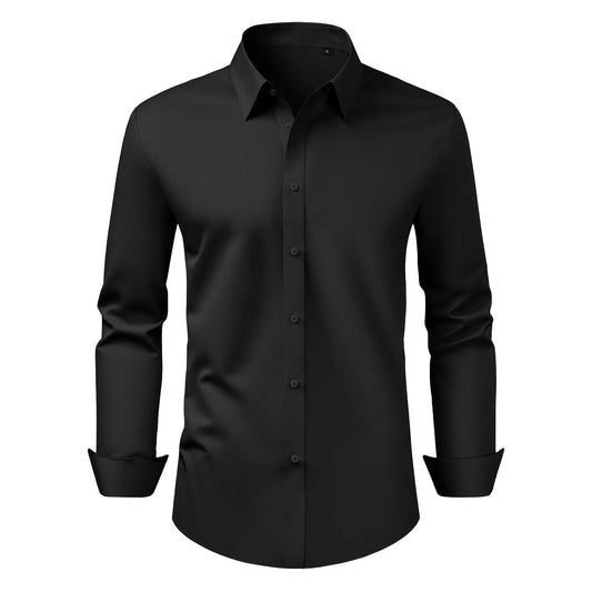Men's Slim Fit Autumn Poplin Dress Shirt Long Sleeve Black Soft Stretch Wrinkle Free Business Formal Wedding Wear