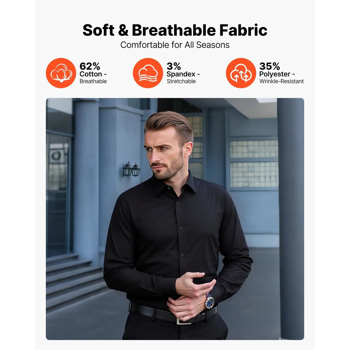 Men's Slim Fit Autumn Poplin Dress Shirt Long Sleeve Black Soft Stretch Wrinkle Free Business Formal Wedding Wear