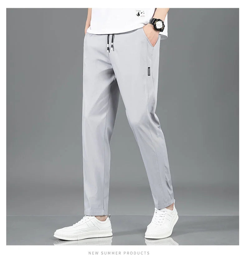 Ice Silk Men's Pants 2025 Summer New Black Gray Thin Business Casual Pants Outdoor Elastic Breathable Straight Leg Sweatpants