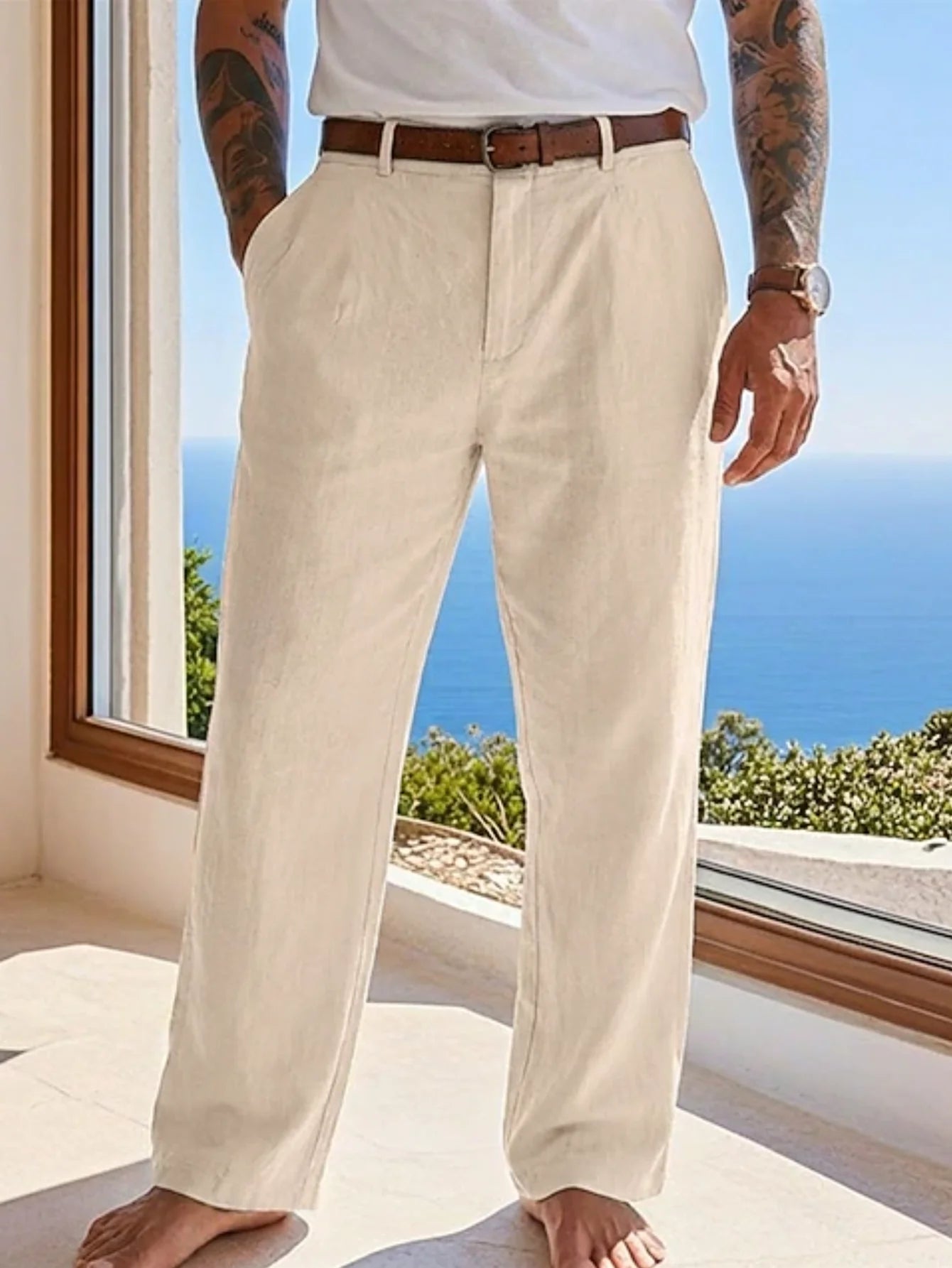 2025 summer men's cotton and linen oversized wide leg pants, men's artistic style elastic waist solid color casual loose pants