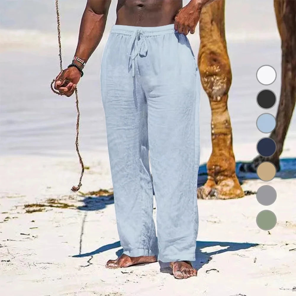 2025 summer men's cotton and linen oversized wide leg pants, men's artistic style elastic waist solid color casual loose pants