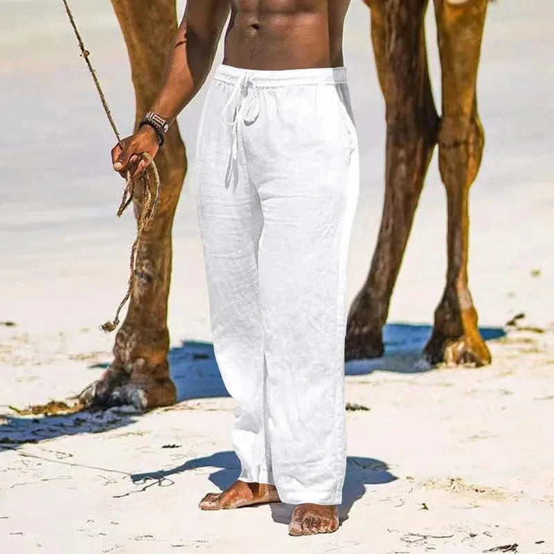 2025 summer men's cotton and linen oversized wide leg pants, men's artistic style elastic waist solid color casual loose pants