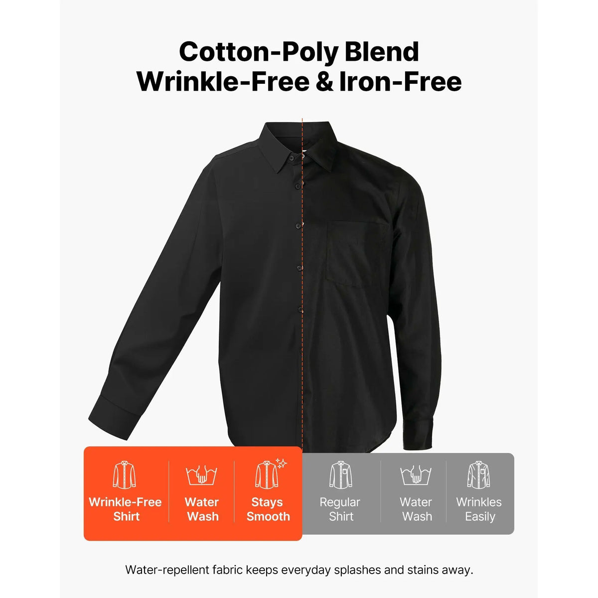 Men's Slim Fit Autumn Poplin Dress Shirt Long Sleeve Black Soft Stretch Wrinkle Free Business Formal Wedding Wear