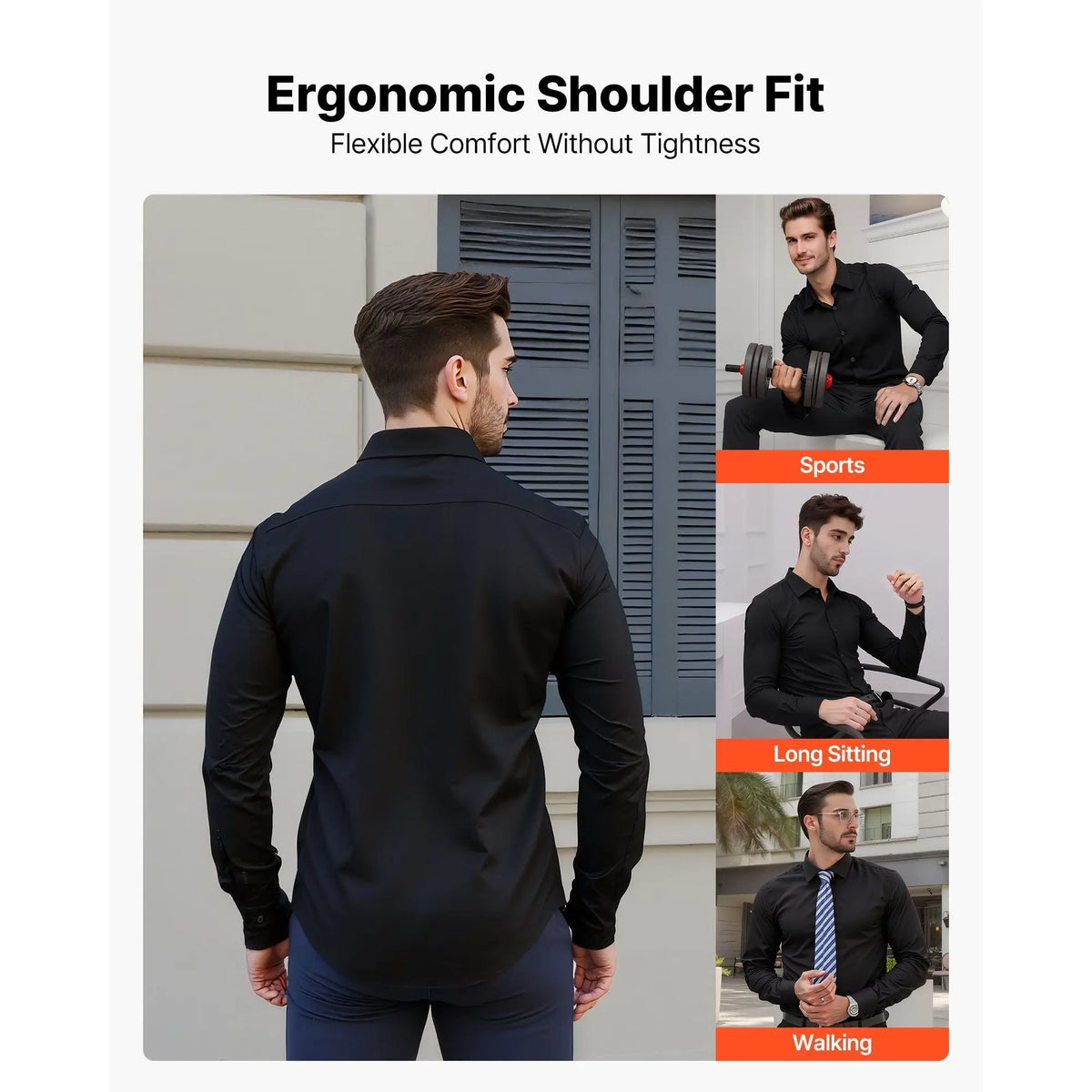 Men's Slim Fit Autumn Poplin Dress Shirt Long Sleeve Black Soft Stretch Wrinkle Free Business Formal Wedding Wear