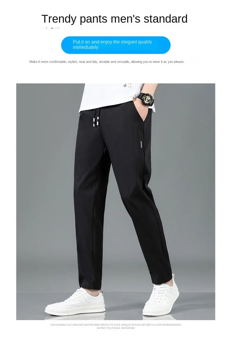 Ice Silk Men's Pants 2025 Summer New Black Gray Thin Business Casual Pants Outdoor Elastic Breathable Straight Leg Sweatpants