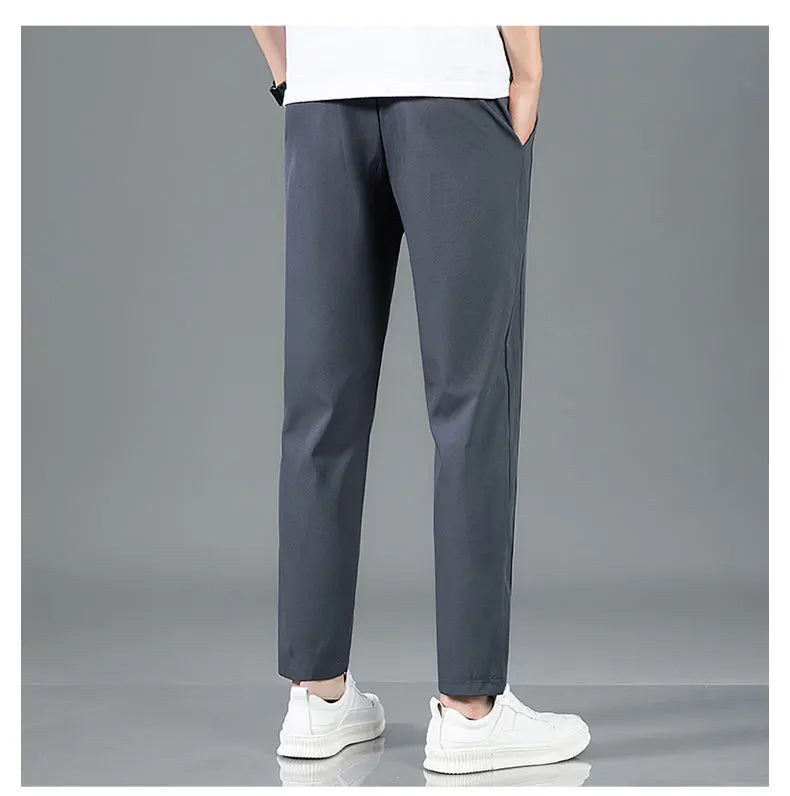 Ice Silk Men's Pants 2025 Summer New Black Gray Thin Business Casual Pants Outdoor Elastic Breathable Straight Leg Sweatpants